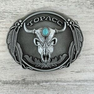 Topacc Unisex Leather Western Steer Turquoise Buckle Feather Design Belt Size 36